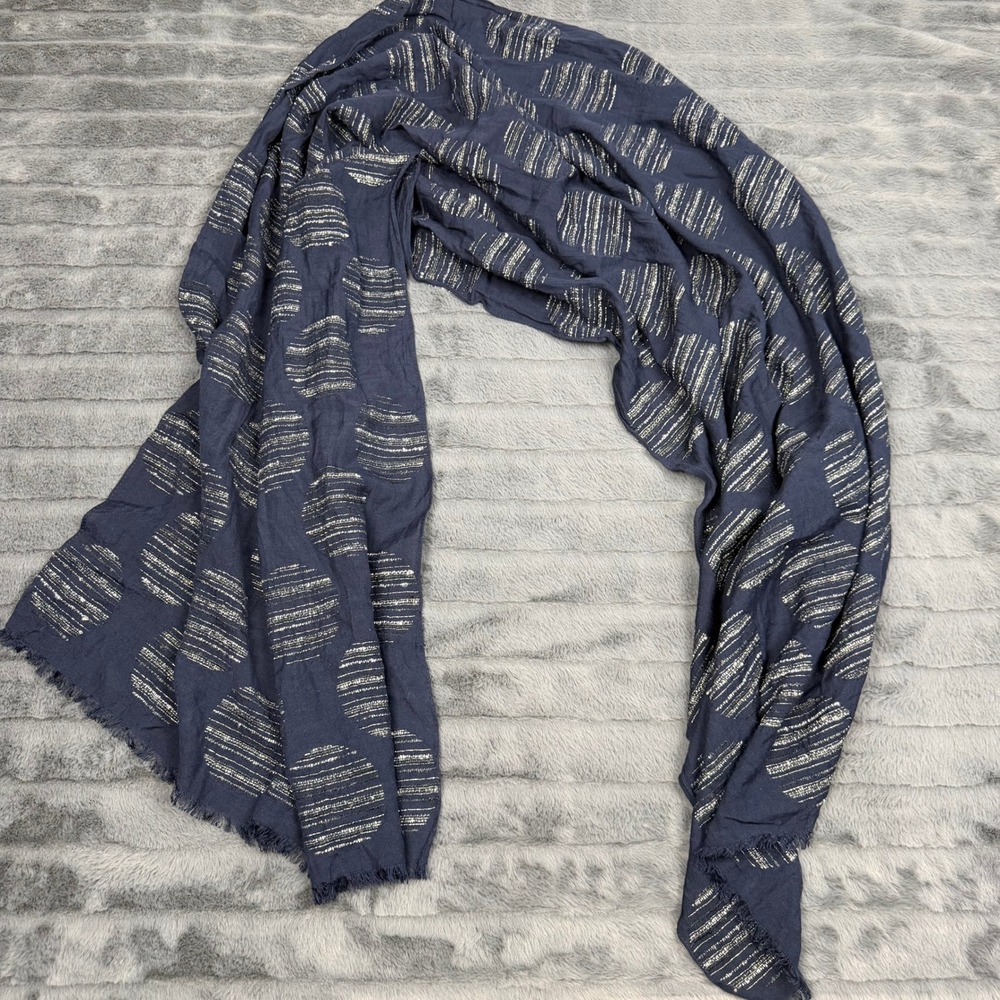Ann Taylor Factory Navy Blue Silver Metallic Dot Frayed Scarf 23777101